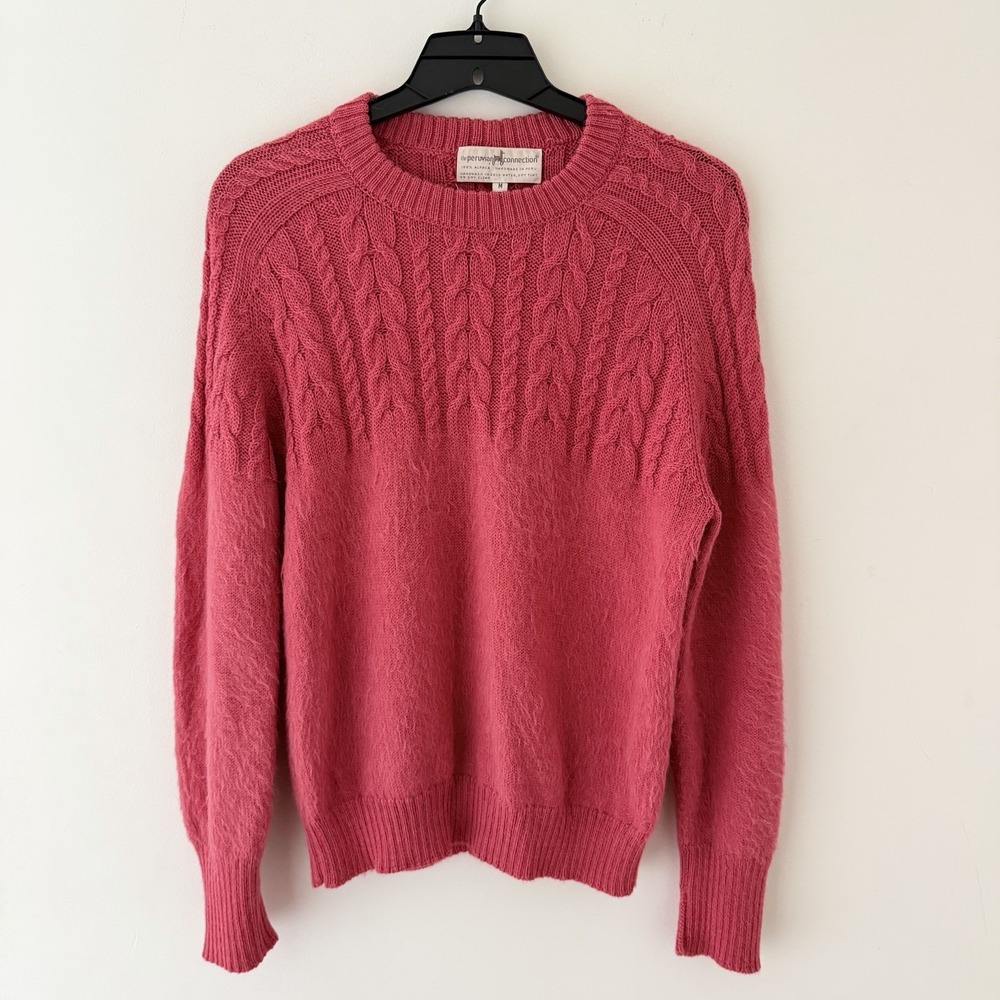Peruvian Connection Womens Sweater Cable Knit M 100% Alpaca Pink Pullover Peru